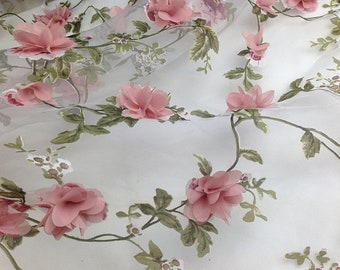 3D flowers print organza lace fabric, dusty rose pink Full Blossom Bridal 3D floral fabric for wedding costume dress sewing accessories
