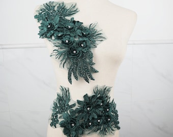 Green 3D beaded lace applique, embroidered 3d flowers patch for dance costume dress applique