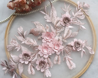 pink 3D floral lace appliques, light pink retro floral motif lace embroidery for wedding gown dress sewing DIY accessories