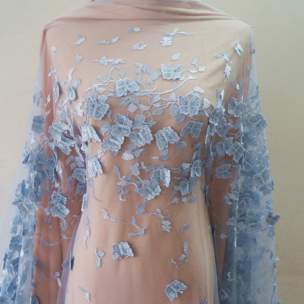 light blue 3D flowers butterfly lace fabric, 3D embroidered Full Blossom Bridal 3D Lace Applique for costume dress sewing accessories