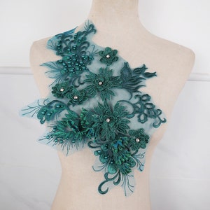 super quality emerald green 3D beaded lace applique, embroidered 3d flowers patch for dance costume dress applique pair