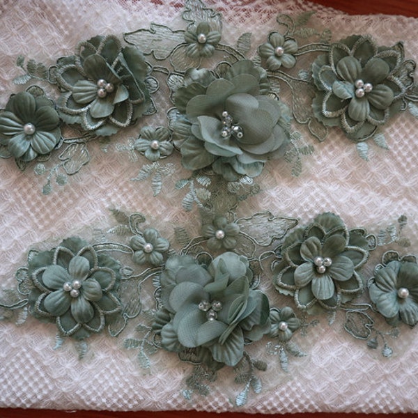 green 3D flower lace applique, Alencon bridal 3d floral embroidered applique for wedding costume dance dress sewing handcraft accessories