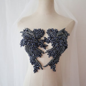 Dark Blue Rhinestone Applique, navy crystal floral motif beaded Lace pair patches for bridal collar shoulder sash headpiece accessories