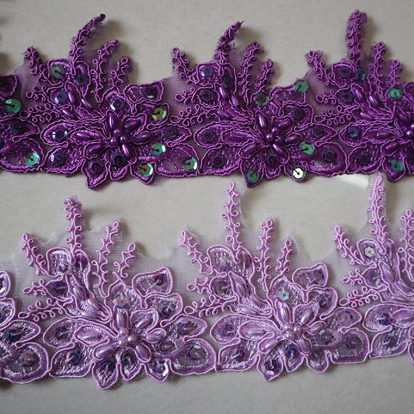 purple cord beaded lace trim, embroidered lace applique trim, sequins scalloped cord floral motif alencon lace trim 7 cm wide