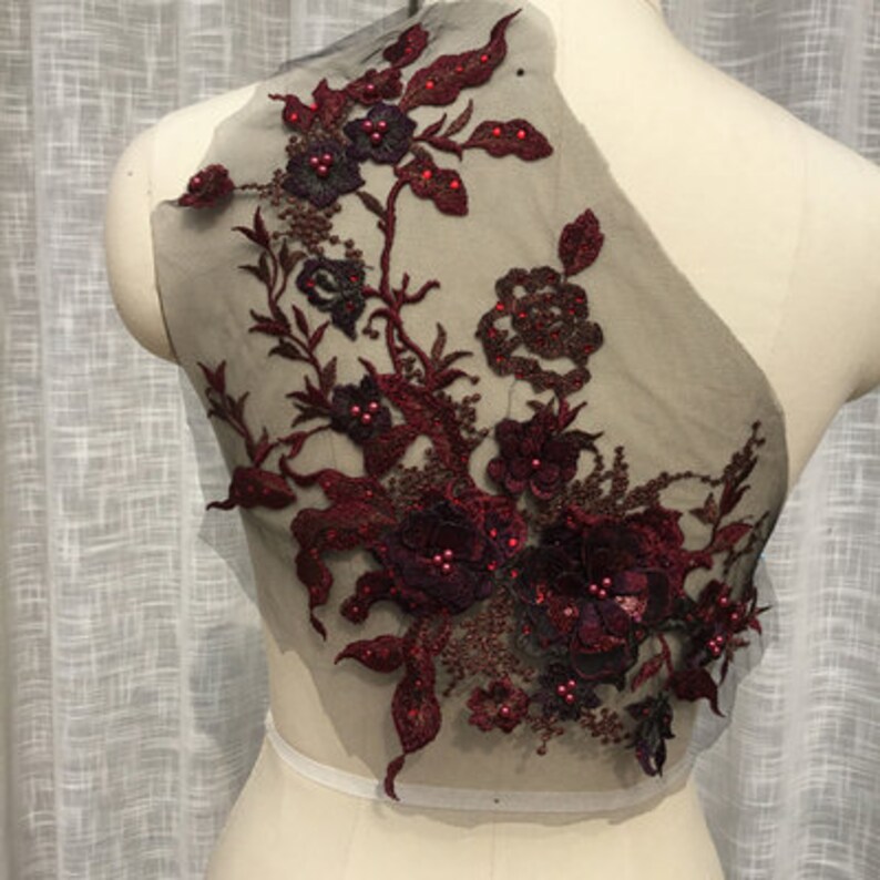 BURGUNDY 3D Lace Applique Dark Red Beaded and Embroidered Etsy