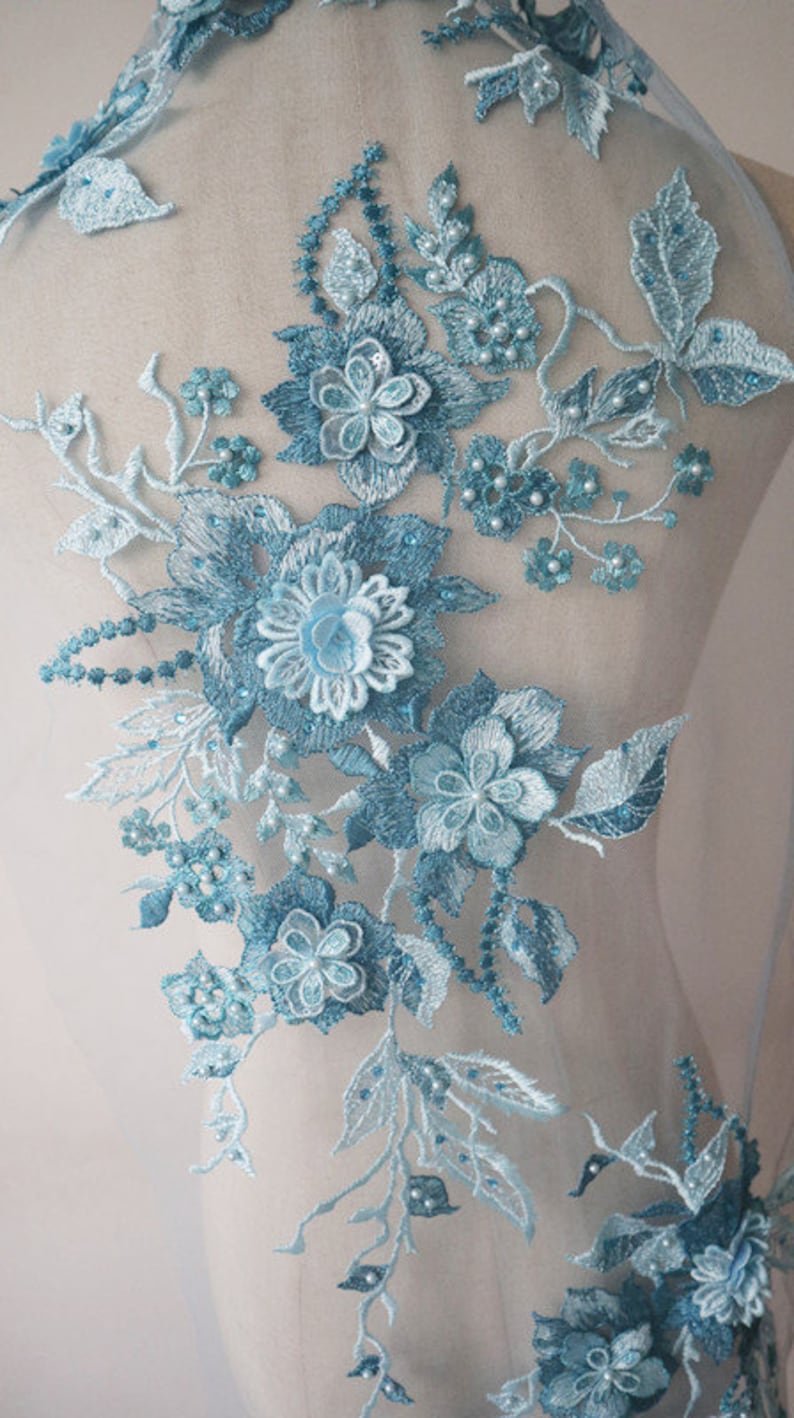 Best Blue Designer Beaded 3D Leaf Lace Fabric For Dresses