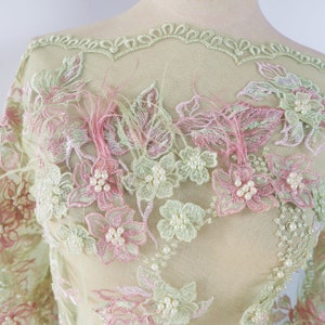 green & pink 3D flowers lace fabric with ostrich hair, Bridal 3D Beaded tulle 3D Applique fabric for costume dress sewing accessories