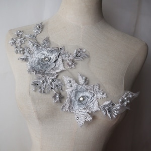 gray 3D flowers lace applique, metallic silver gray 3D rose beaded Lace Applique  Bridal lace fabric for costume dress sewing accessories