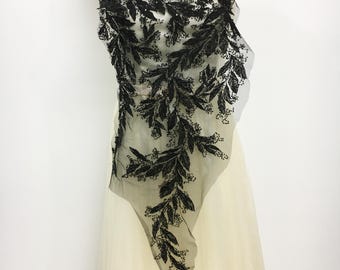 Applicazione in pizzo ricamato con perline nere, toppa in pizzo francese da sposa, pizzo floreale con motivo a foglie per abito da sposa, forniture per cucito