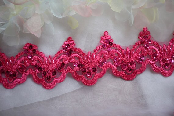 Hot Pink Cord Beaded Lace Trim Embroidered Lace Applique Trim Pink Scalloped Cord Floral Motif Alencon Lace Trim 8 Cm Wide Etsy UK