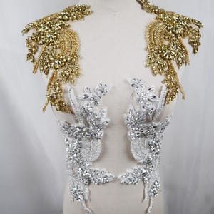 super bling gold Rhinestone Applique, Bridal Bodice beaded  floral motif Lace Applique, Silver Crystal shoulder sash headpiece appliques