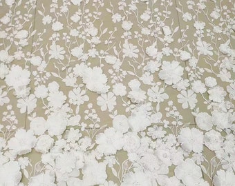 Tessuto in pizzo di tulle con fiori 3D, girasoli bianco sporco, applicazioni da sposa ricamate in rosa pieno fiore per la collezione di cucito di costumi e abiti