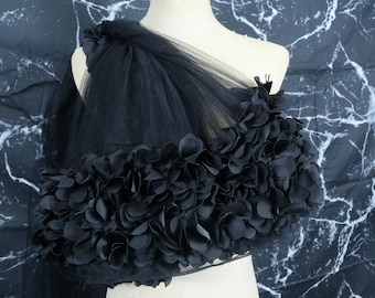 Tessuto in tulle con fiori 3D a bordo singolo nero, tessuto floreale arricciato con fiori 3D per accessori da cucito per costumi e abiti