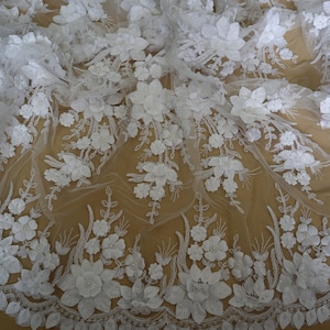 pure white 3D flowers lace fabric, white Bridal beaded Lace Applique lace fabric for costume dress sewing accessories