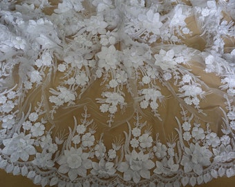 pure white 3D flowers lace fabric, white Bridal beaded Lace Applique lace fabric for costume dress sewing accessories