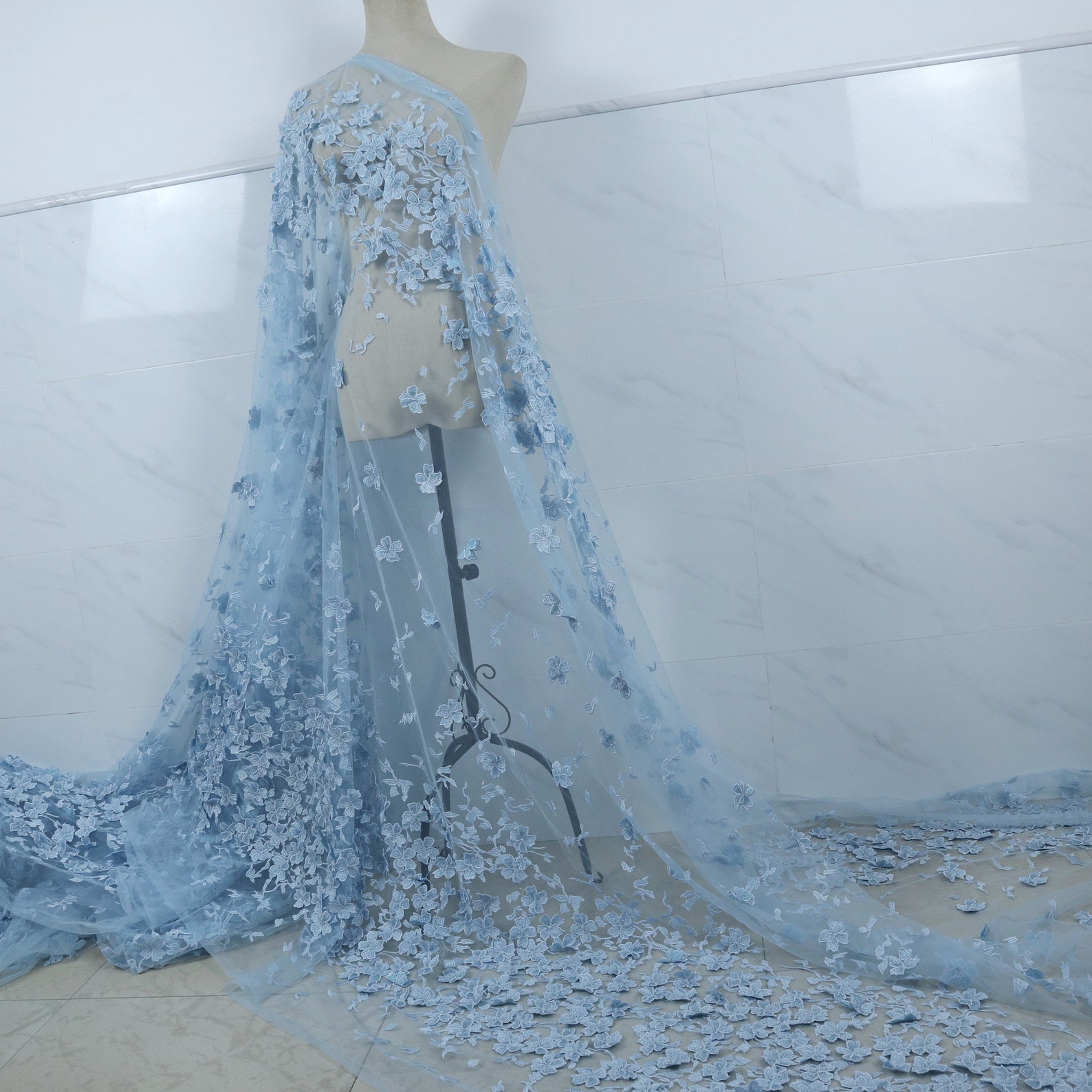 3D Flowers Lace Fabric Light Blue Bridal 3D Lace Applique - Etsy