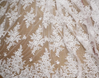 ivory white embroidered lace fabric, white white retro floral French bridal lace fabric, vintage Alencon cord lace for wedding gown dress