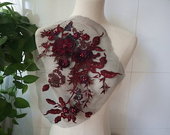 dark red 3D floral embroidered lace applique, retro floral motif 3D lace appliques fabric for wedding gown dress sewing