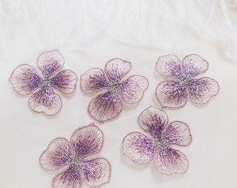 purple flowers appliques,  lace floral petal embroidered patches for bridal wedding costume gown dress sewing couture collection 2''