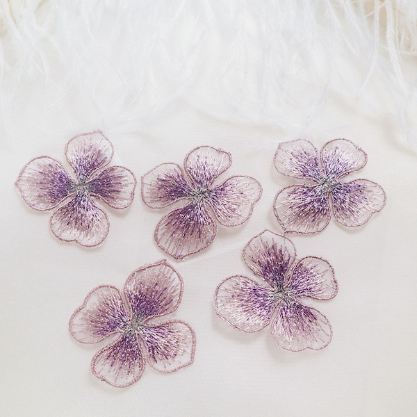 purple flowers appliques,  lace floral petal embroidered patches for bridal wedding costume gown dress sewing couture collection 2''