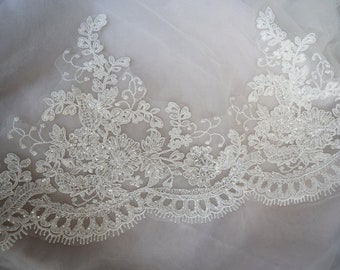 ivory Alencon lace trim, embroidered beaded bridal veil fabric trim lace, sequins beads floral motif cord edge lace bridal bolero