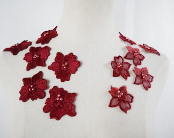dark red beaded flowers appliques, burgundy / wine red bridal floral petal embroidered floral patches for wedding costume gown dress sewing