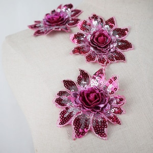 5 pcs hot pink 3D flowers lace appliques, fuchsia 3D embroidered floral patches for wedding costume gown dress sewing 8cm