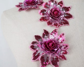 5 pezzi di applicazioni in pizzo con fiori 3D rosa acceso, toppe floreali ricamate 3D fucsia per abito da sposa, abito da cucito, 8 cm