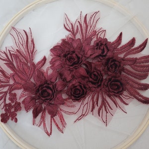 wine red 3D flower embroidered lace applique, burgundy red 3d floral lace for wedding dress lyric dance sports costume sewing