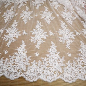 Ivory white bridal lace fabric, pure white Alencon Lace Applique fabric for costume dress sewing accessories