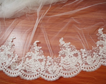 ivory embroidered beaded lace trim, super bridal veil fabric trim lace, sequins beads floral motif alencon cord eyelash edge lace trim