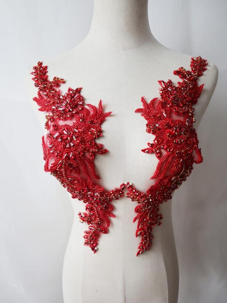 red Rhinestone Applique pair, Bridal Bodice beaded Lace Applique, Silver Crystal shoulder straps sash headpiece appliques