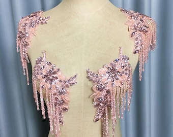 Applicazione di strass con nappe di cristallo, toppa di pizzo con perline e frange decorative per gioielli per il corpo, mantello da sposa, colletto, costumi di alta moda