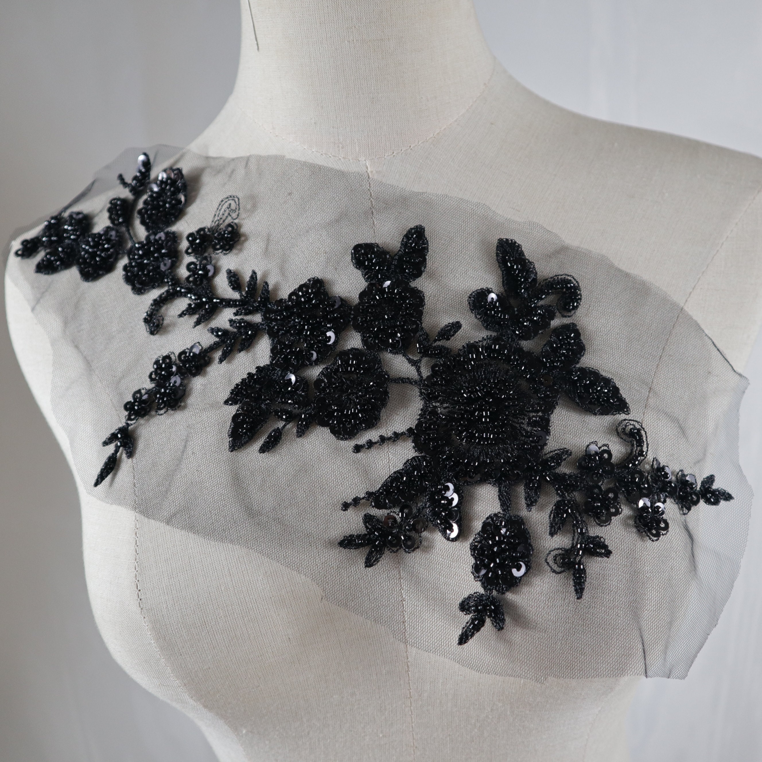 Black Applique Lace, Bodice Applique Black Trim Beaded, Black 3D Lace Flower, Lace Fabric Black Tulle for Dress BK (C3 Black)