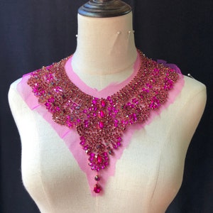 exquisite Rhinestone necklace Applique, hot pink V collar Bodice lace applique, Crystal Beaded shoulder collar applique handcraft