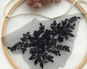 Black beaded applique, 3D floral embroidered beaded bridal lace applique for wedding gown, costume garments emblishment 11 colors applique