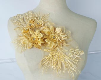 Applicazione in pizzo 3D con perline gialle, toppa ricamata con fiori 3D per abito da ballo.