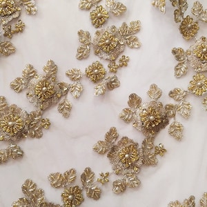 metallic gold embroidered 3D flowers lace fabric, 3D beaded Lace Applique for costume dress sewing emblishment accessories
