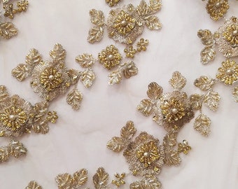 metallic gold embroidered 3D flowers lace fabric, 3D beaded Lace Applique for costume dress sewing emblishment accessories