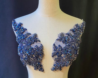 Coppia di applicazioni di strass blu scuro, toppe di pizzo con perline di cristallo incrostate blu navy per corpetto, spalline, fascia, copricapo