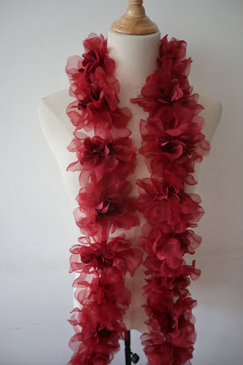 3D Dark Red Ruffled Fabric Trim, Wine Red Pink 3D Flowers Trimming ...