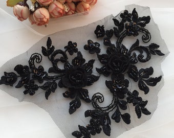 Black 3D beaded applique,  navy blue 3d floral embroidered beaded bridal lace applique for wedding gown, costume garments emblishment