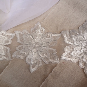ivory white embroidered lace trim with silver cord, super bridal veil fabric trim lace, sequined floral motif alencon cord  lace trim