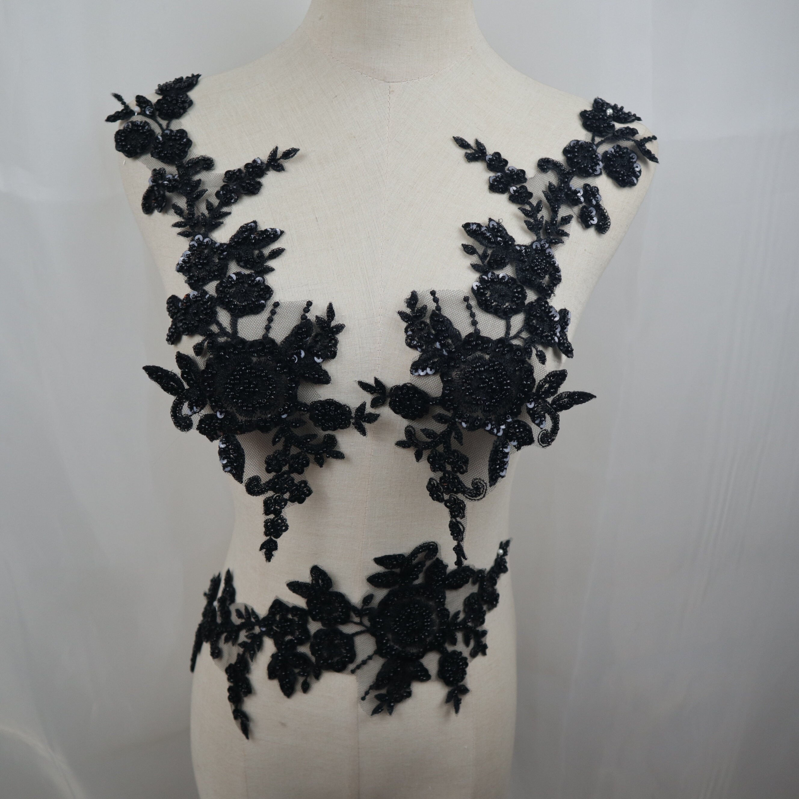 Black Applique lace, Bodice Applique Black Trim Beaded, Black 3D lace  Flower, lace Fabric Black Tulle for Dress BK (C1b Black)