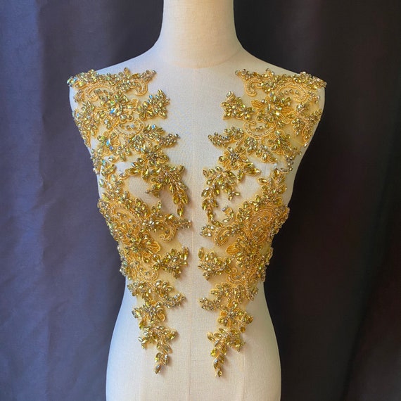 Sparkly Gold Rhinestone Applique Pair, Bodice Beaded Lace Applique