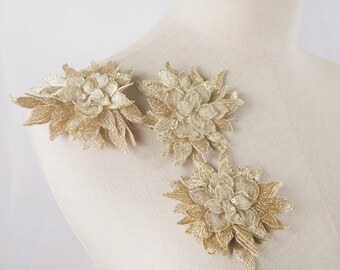5 pezzi di applicazioni in pizzo con fiori 3D dorati, toppe floreali ricamate in 3D per cucire abiti da sposa, 9 cm