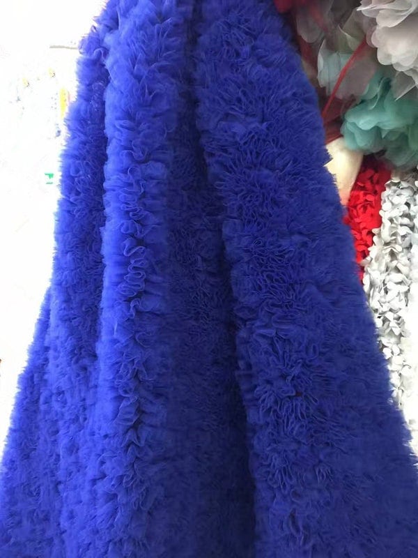 royal blue ruffled tulle 3D fabric, ruffled mesh 3D bridal fabric, 3D flowers pleated fabric sewing accessories wedding dress fabric