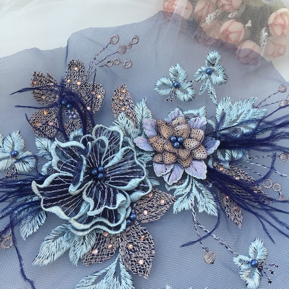 Dark Blue 3D Floral Lace Fabric With Ostrich Hair, 3D Feather Floral  Embroidered Motif Lace Applique Fabric for Wedding Dress Accessories - Etsy