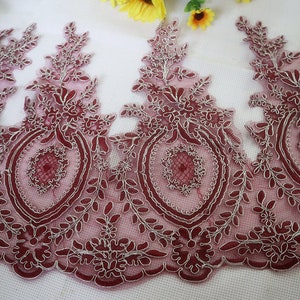 dark red embroidered lace trim with silver cord, bridal veil fabric trim lace, floral motif alencon cord  lace trim