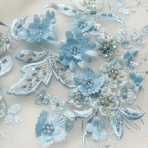 light blue 3D beaded lace applique, flowers embroidered bridal 3d floral lace applique for wedding costume gown dress sewing